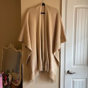Beige Fringe Open Front Knit Poncho